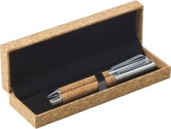 Cork writing set containing a ballpen and roller pen