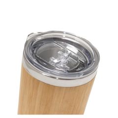 Air-insulated double wall stainless steel and bamboo cup with AS lid with slide closure. Capacity up to 350 mL. Supplied in a kraft paper gift box